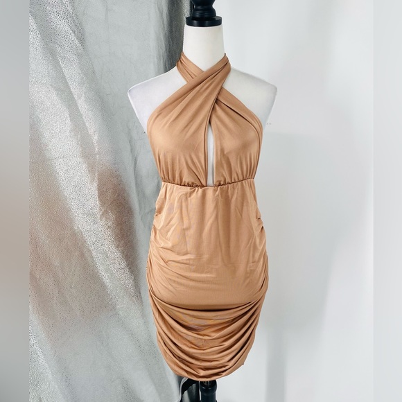 Nude Sleeveless Halter Neck Backless Open Back Cutout Ruched Bodycon Mini Dress - Picture 7 of 17